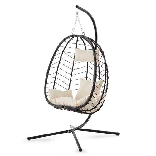 Brown Wicker Hanging Egg Chair with Stand and Cushion D745