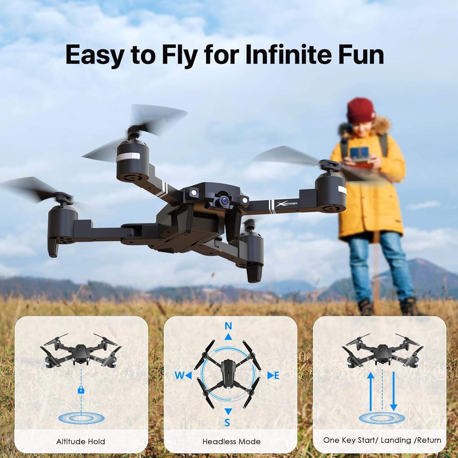 Foldable 1080P FPV Drone with 3 Batteries & Carrying Case X635