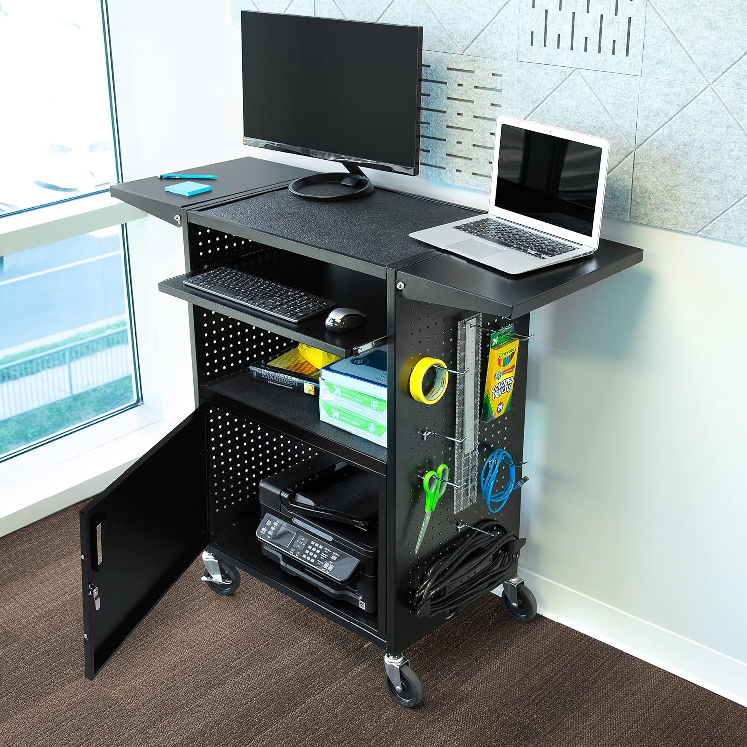 AV Cart with Pegboard Siding, 12 Hooks, Locking Cabinet, Pullout Keyboard Tray, Locking Wheels C50118
