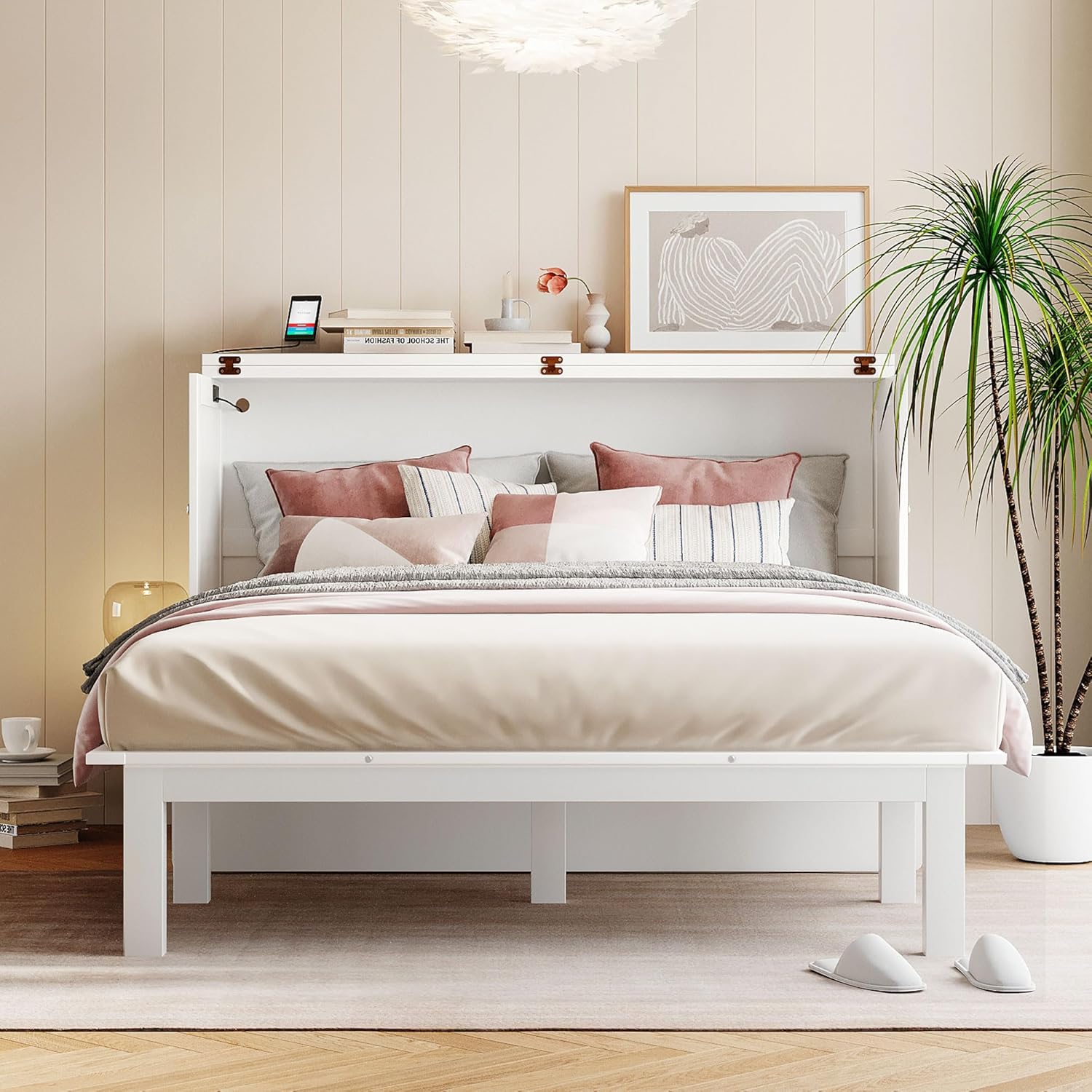 White Queen Size Murphy Bed with Wooden Slat Support M954