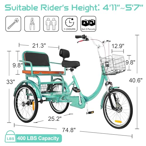 Adult Tricycle, 20 Inch 3-Wheel Bike with Seat and Baskets N6037