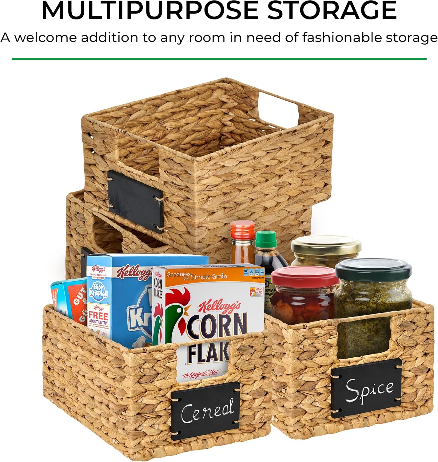 6 Pcs Natural Water Hyacinth Woven Storage Baskets with Handles J946806