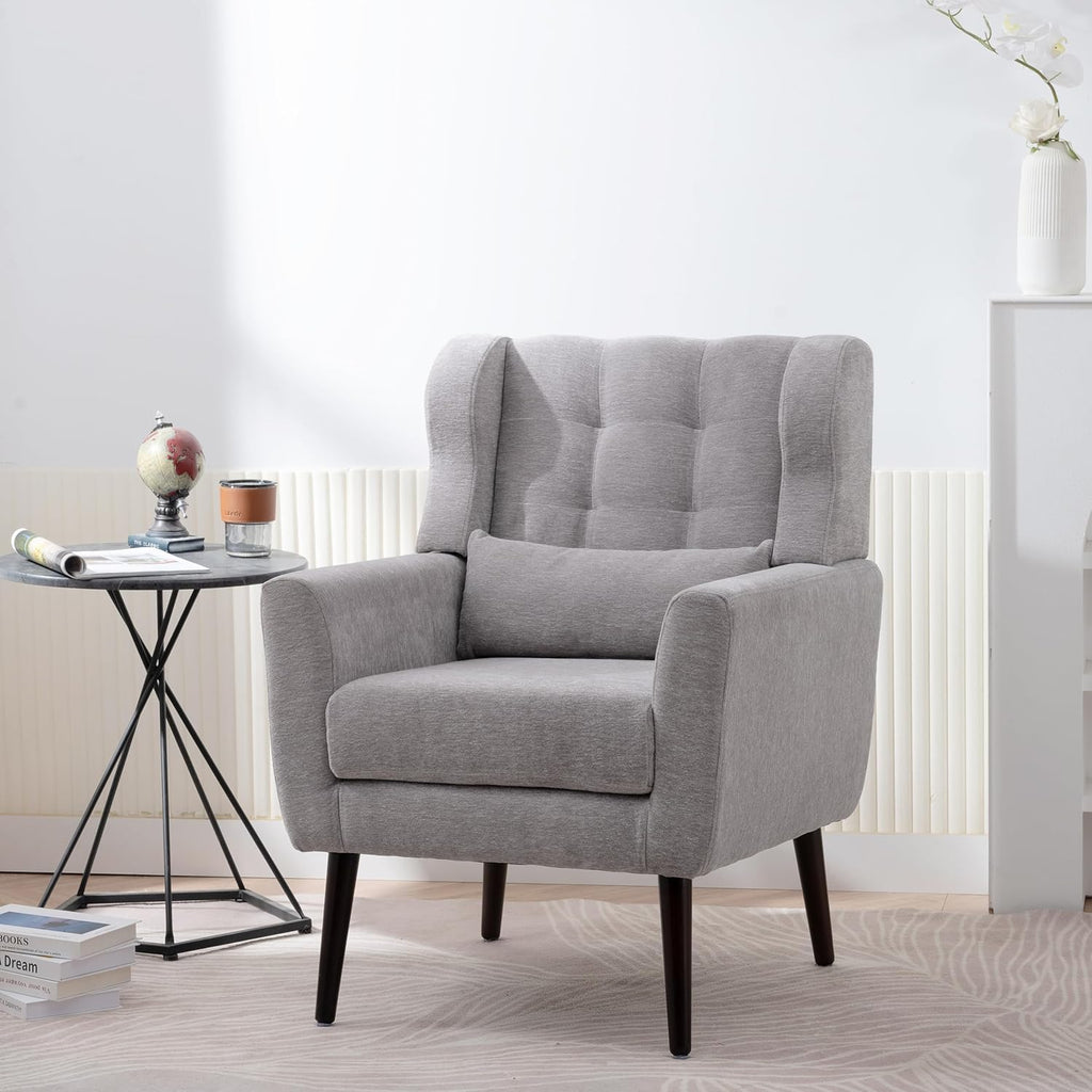 Chenille Upholstered Accent Chair with Pillow, Solid Wood Leg R35813