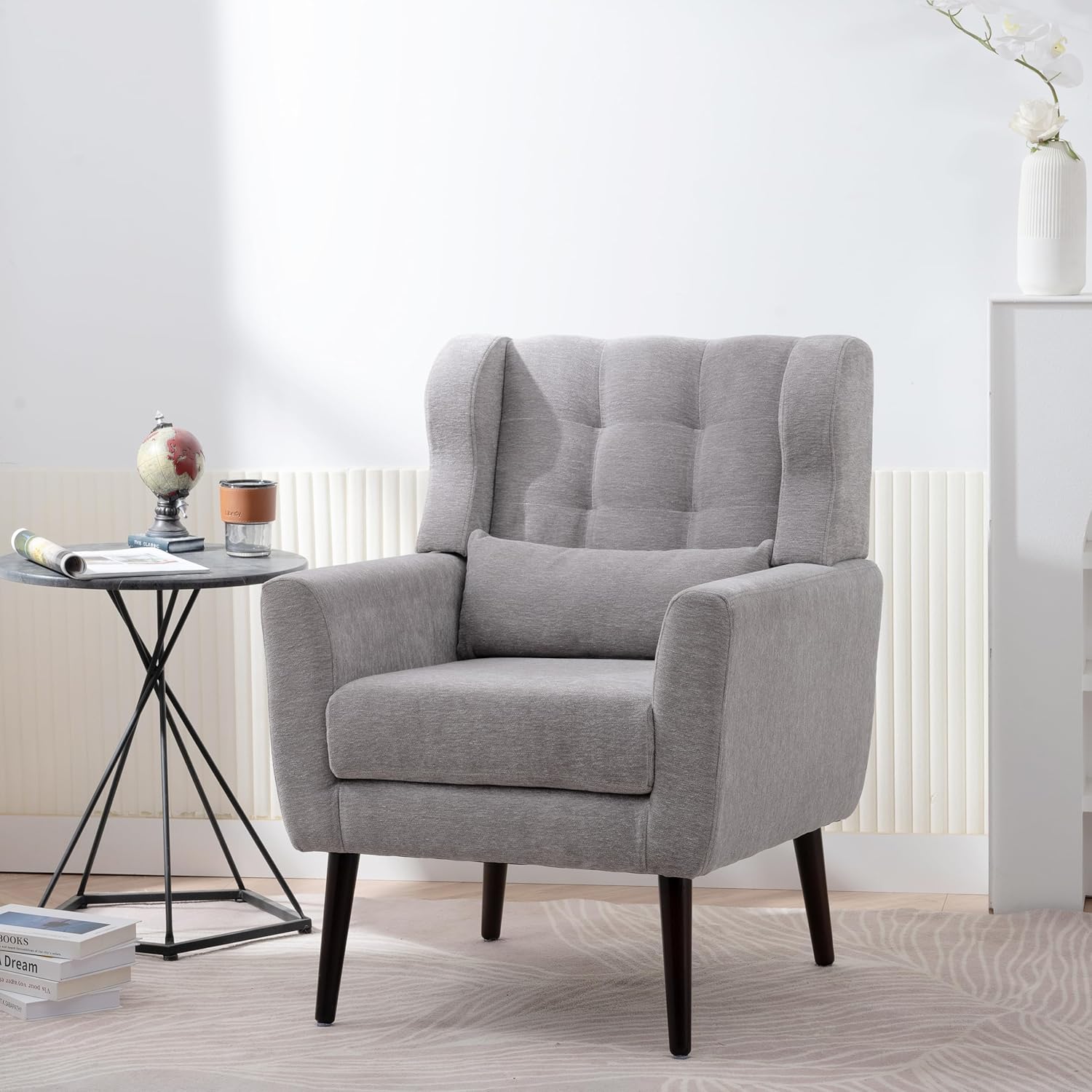 Chenille Upholstered Accent Chair with Pillow, Solid Wood Leg R35813
