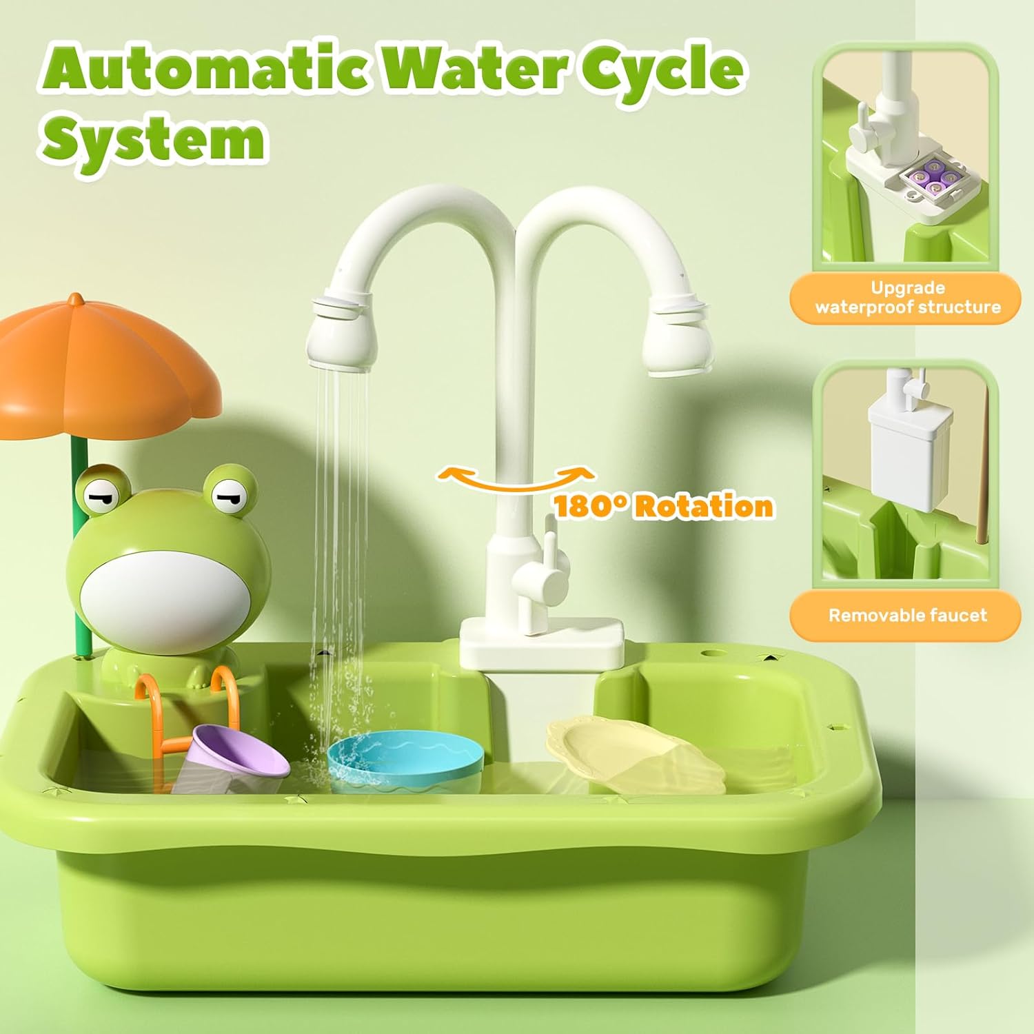Play Sink with Running Water Electric Faucet Kitchen Sink Toys Pots and Pans Set with Play Food and Storage Basket Y40326