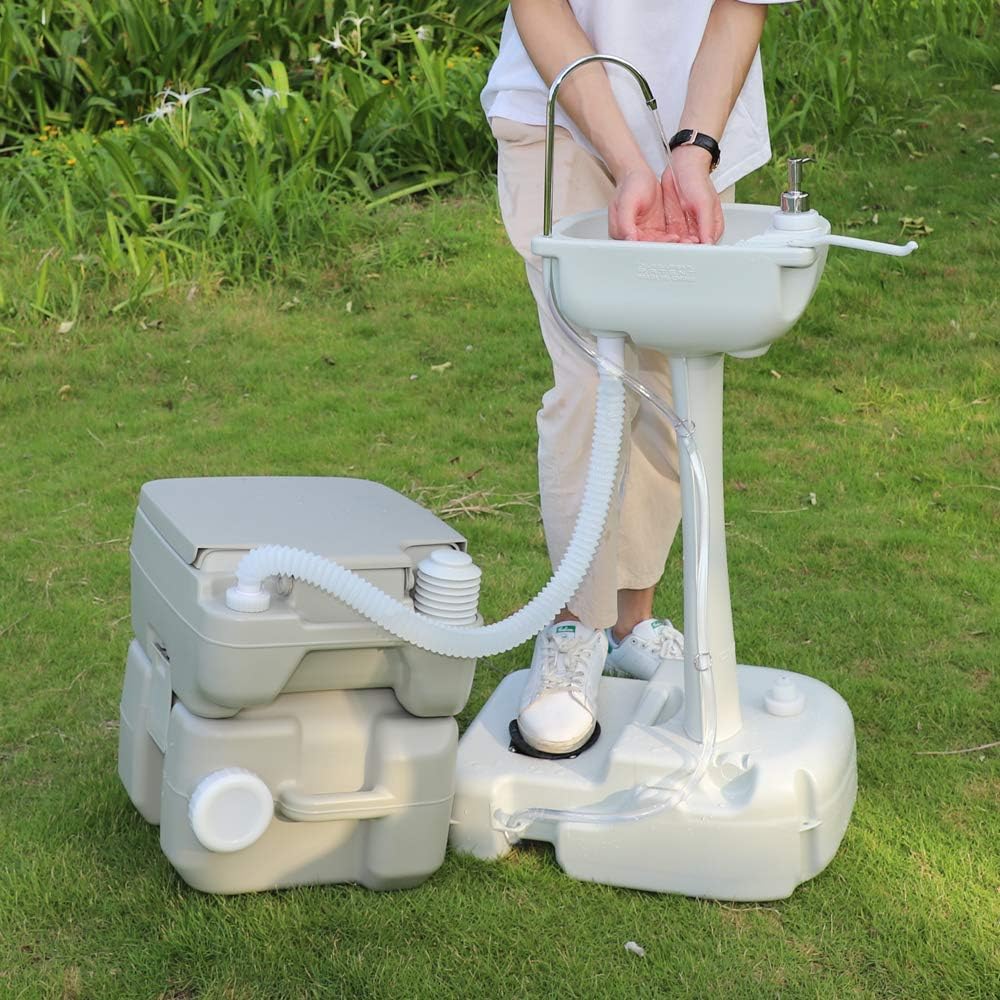 Portable Sink and Toilet Combo, Self-contained 5 Gal Hand Washing Station & 5 Gal Flushing Toilet, Detachable, Compact K412