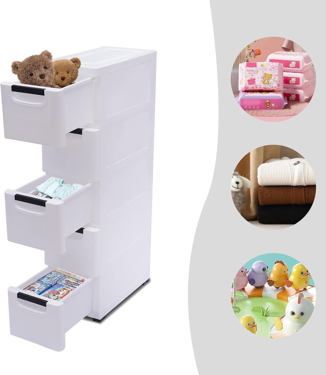 White 5 Tier Plastic Storage Tower with Wheels W929085