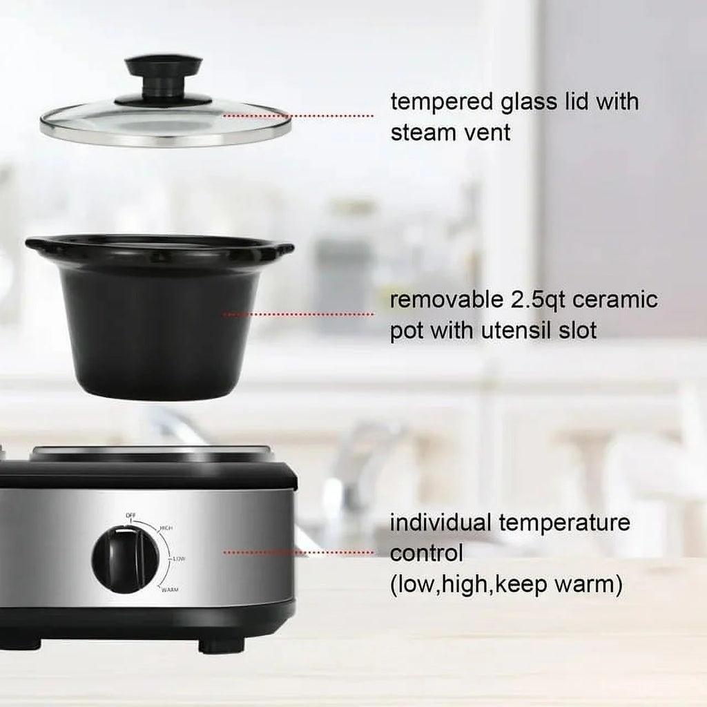 2.5QT Dual Pot Slow Cooker With Adjustable Temp Stainless Steel Removable Pots R56105