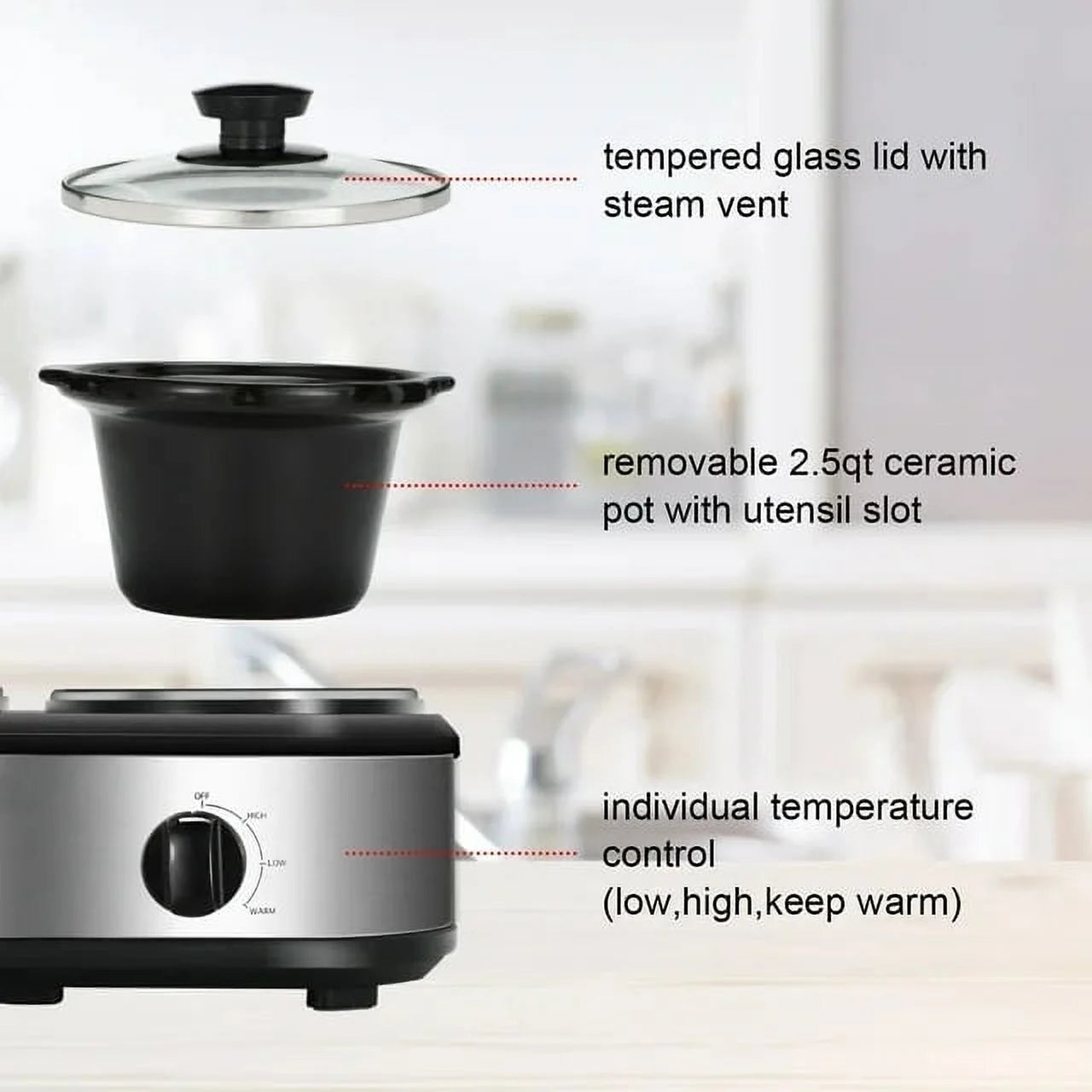 2.5QT Dual Pot Slow Cooker With Adjustable Temp Stainless Steel Removable Pots R56105
