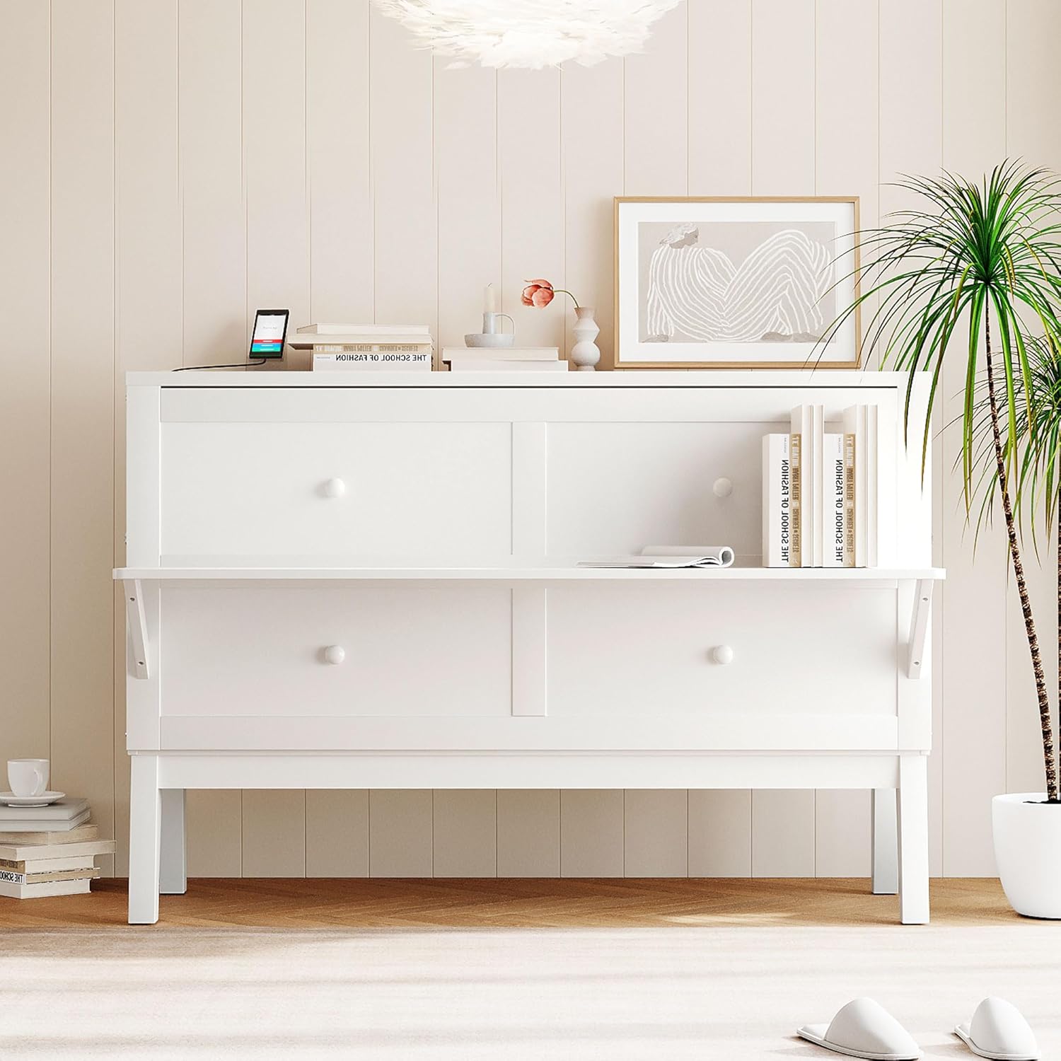 White Queen Size Murphy Bed with Wooden Slat Support M954