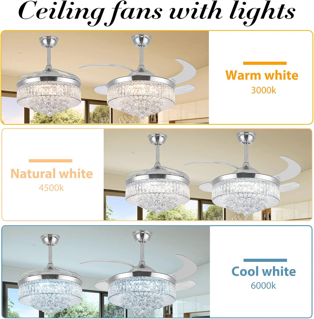 36 Inch Crystal Ceiling Fan with Lights, Remote Control Retractable Invisible Blades B9063