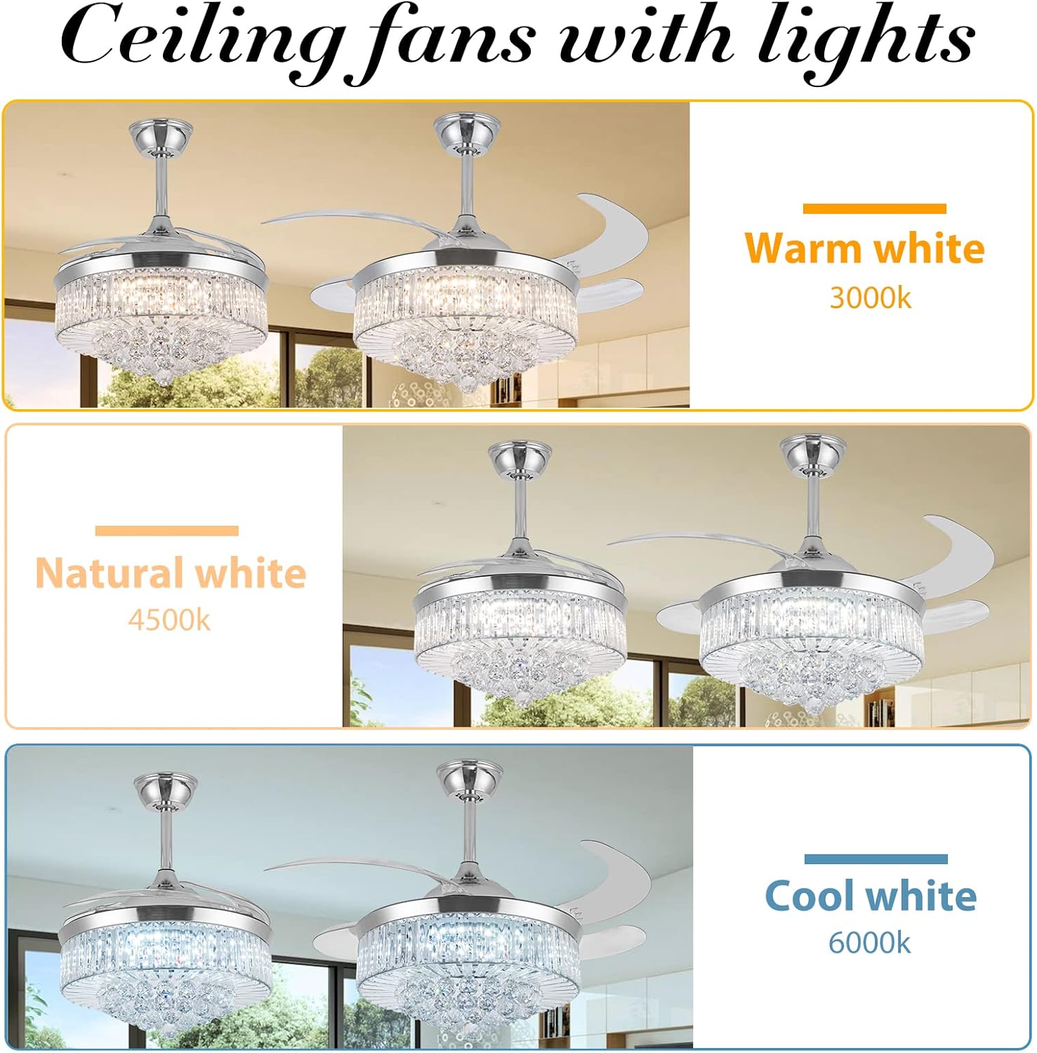 36 Inch Crystal Ceiling Fan with Lights, Remote Control Retractable Invisible Blades B9063