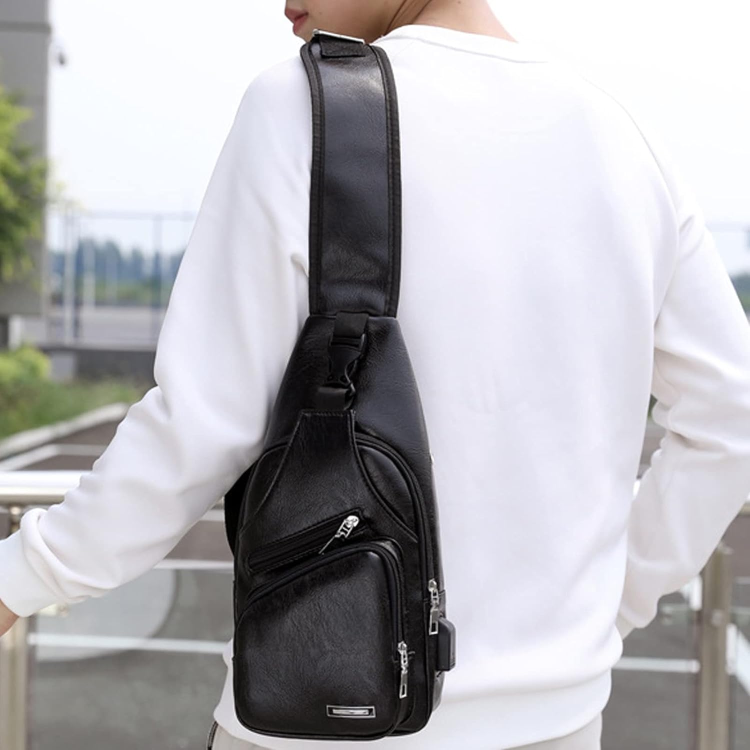 Waterproof Leather Sling Backpack with USB Charging Port A223