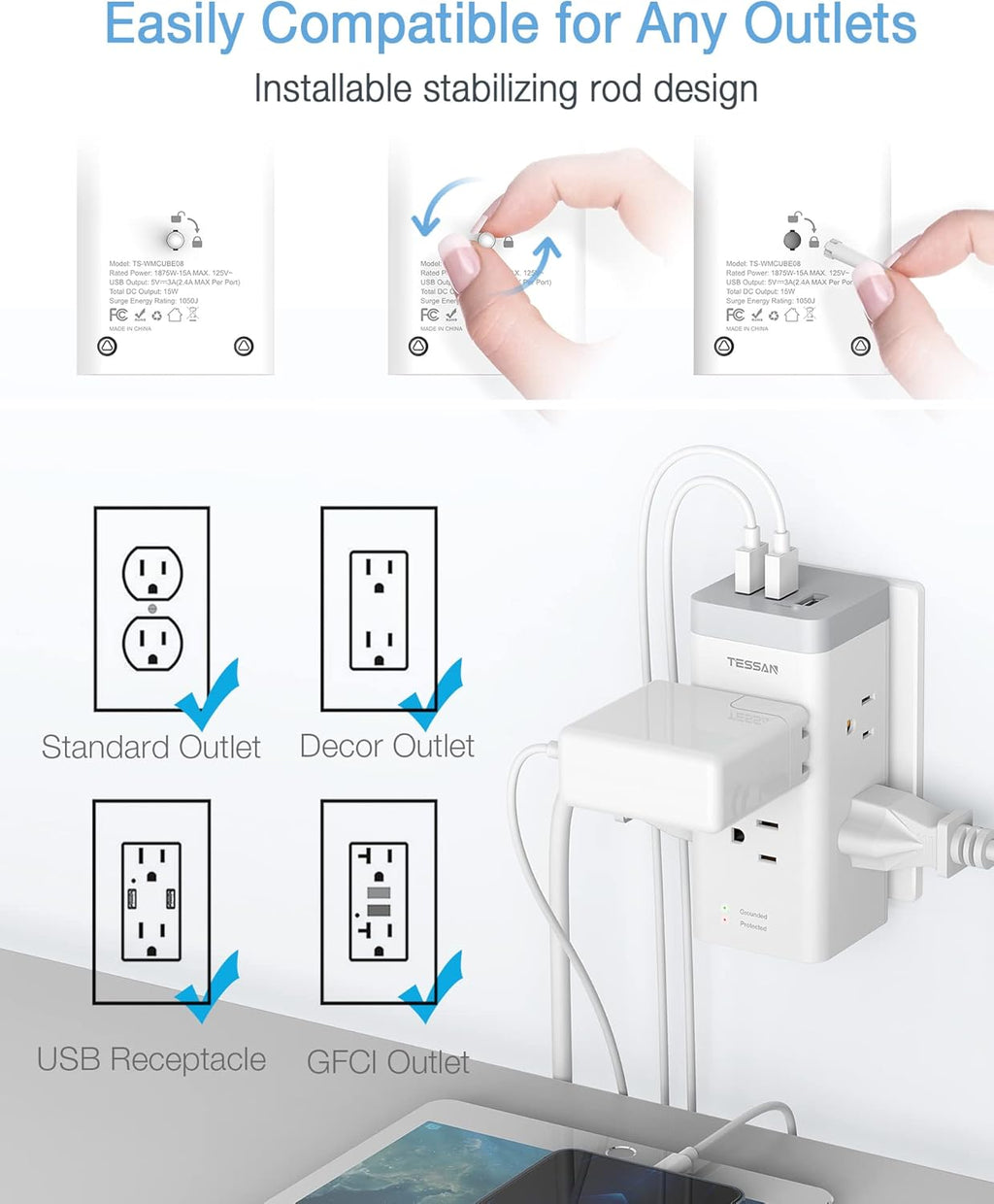 Multi Plug Outlet Extender with USB, 6 Electrical Outlet R3155