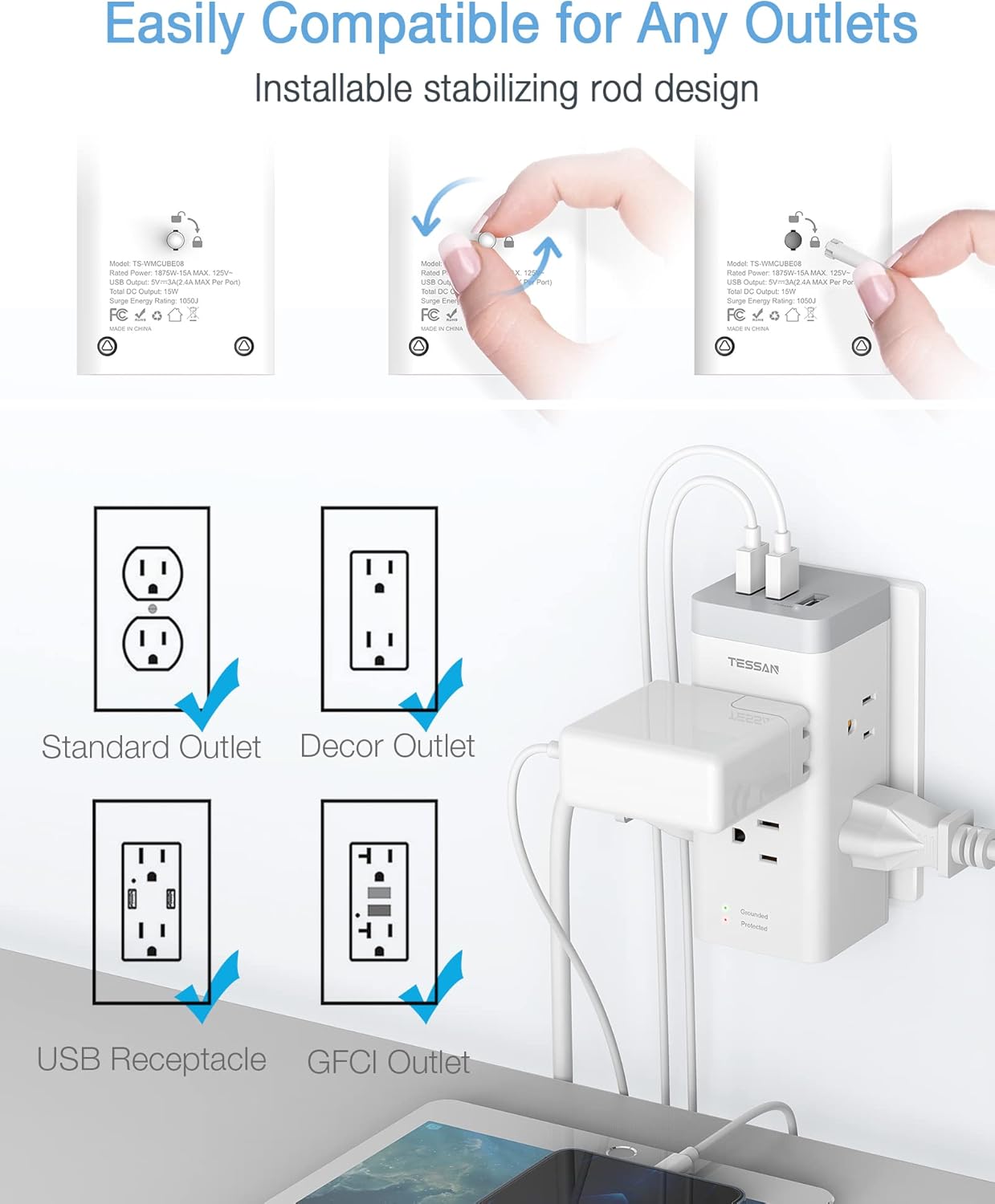 Multi Plug Outlet Extender with USB, 6 Electrical Outlet R3155