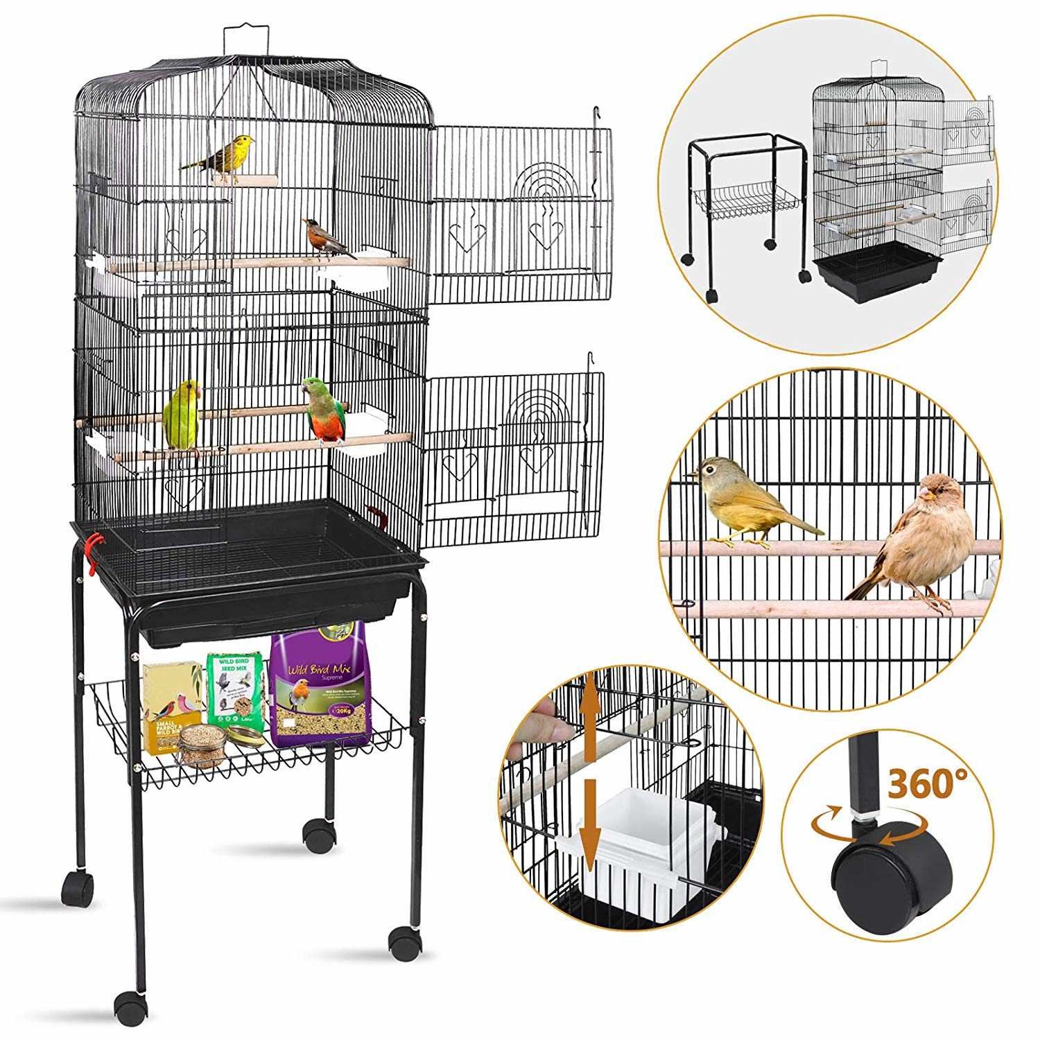 Black Wrought Iron Bird Cage with Rolling Stand D10642