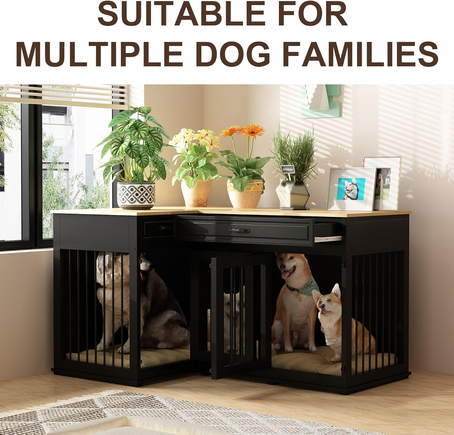 Large Corner Wooden Dog Crate with Double Rooms and Drawers, Black X303075