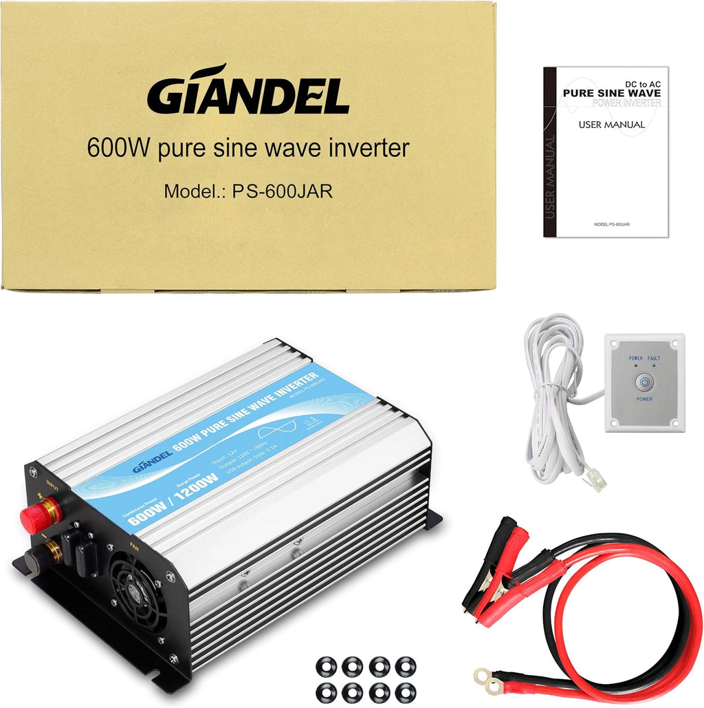 600W 12V DC to 110V 120V Pure Sine Wave Power Inverter with Remote Control Dual AC Outlets USB Port X3511