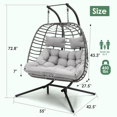 Double Egg Swing Chair with Stand, Hand Made Rattan Wicker, Metal Frame S854