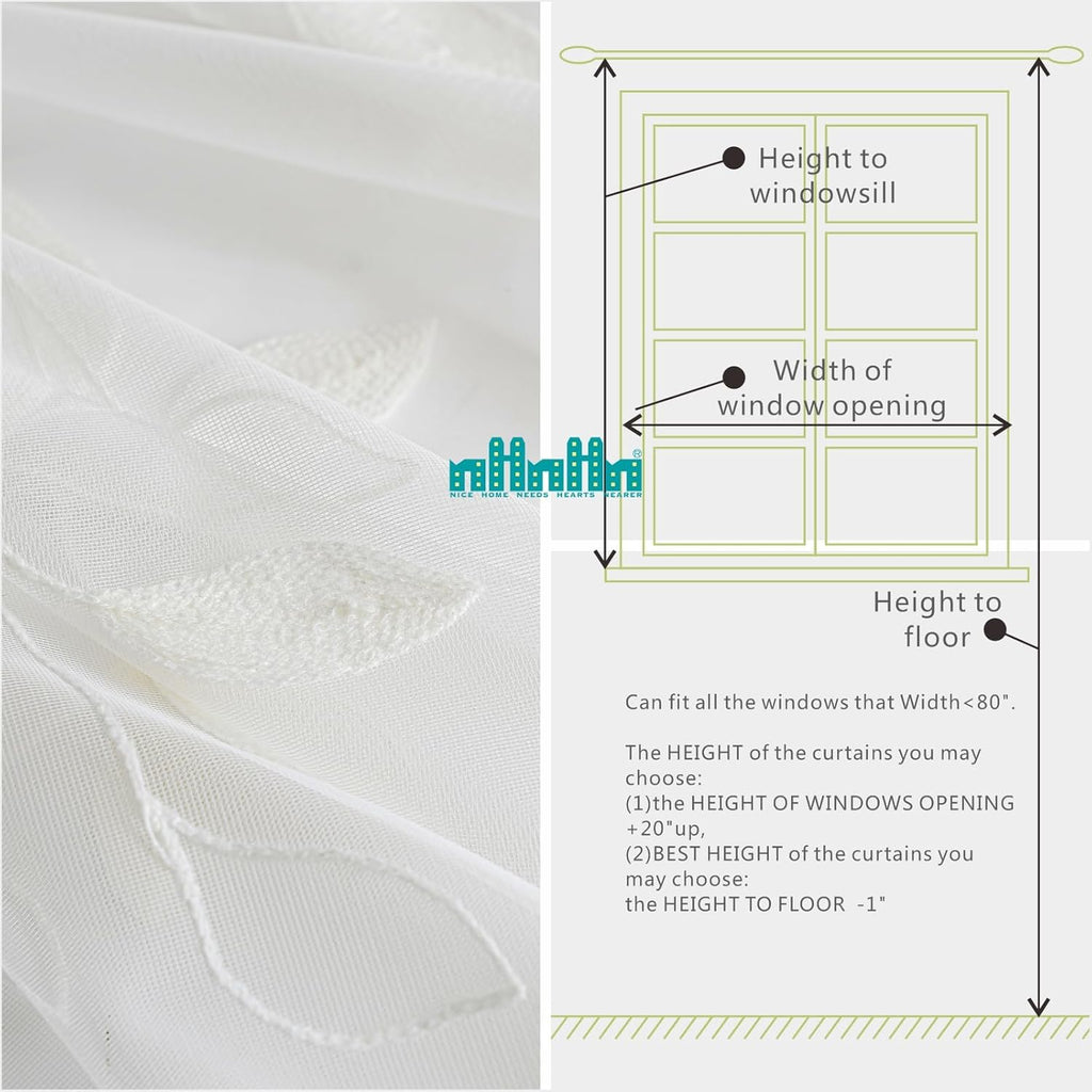 Sheer Curtains 96 inch Length 2 Panels Set, Embroidered Semi Sheer Voile Curtain Panels, Rod Pocket Light Filtering Leaf Sheer Curtains P3598