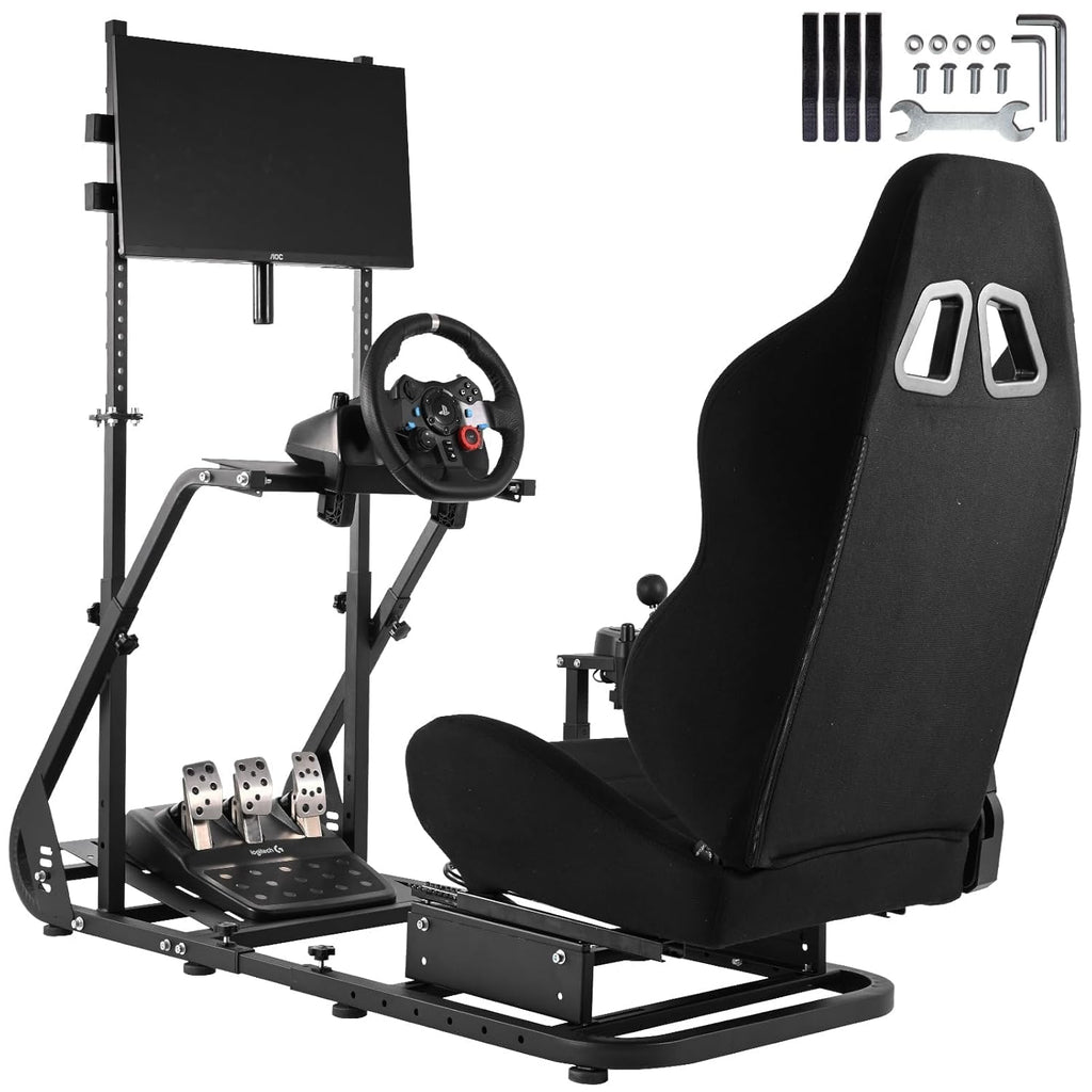 Black Seat TV VR Sim Racing Simulator Cockpit with Monitor Stand G9135