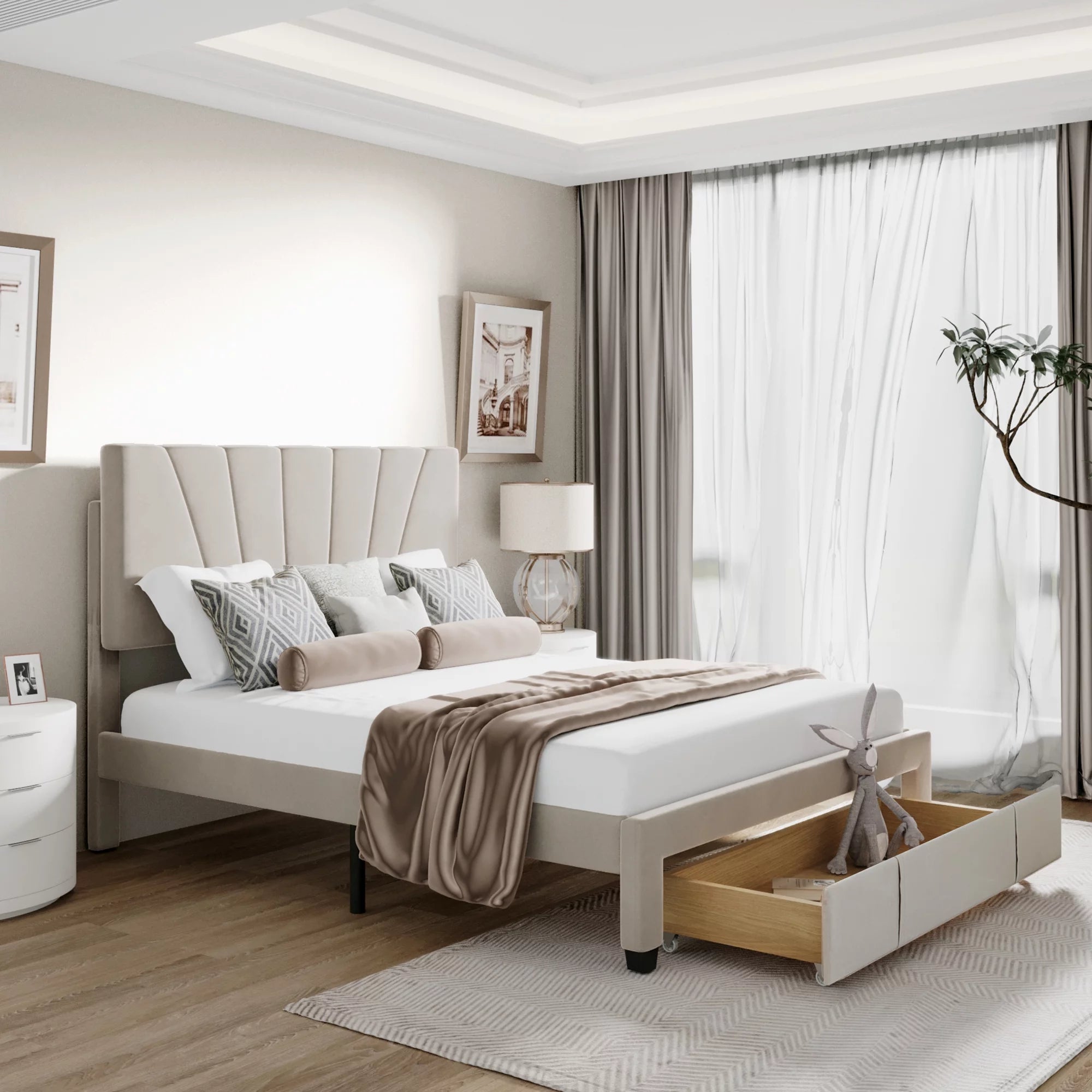 Beige Queen Size Velvet Upholstered Platform Bed with Drawer N4226