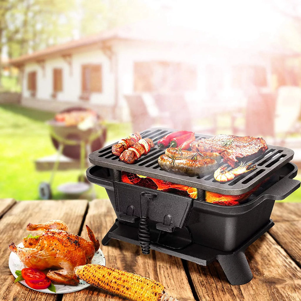 Portable Cast Iron Charcoal Grill with Double-sided Grilling Net P168413