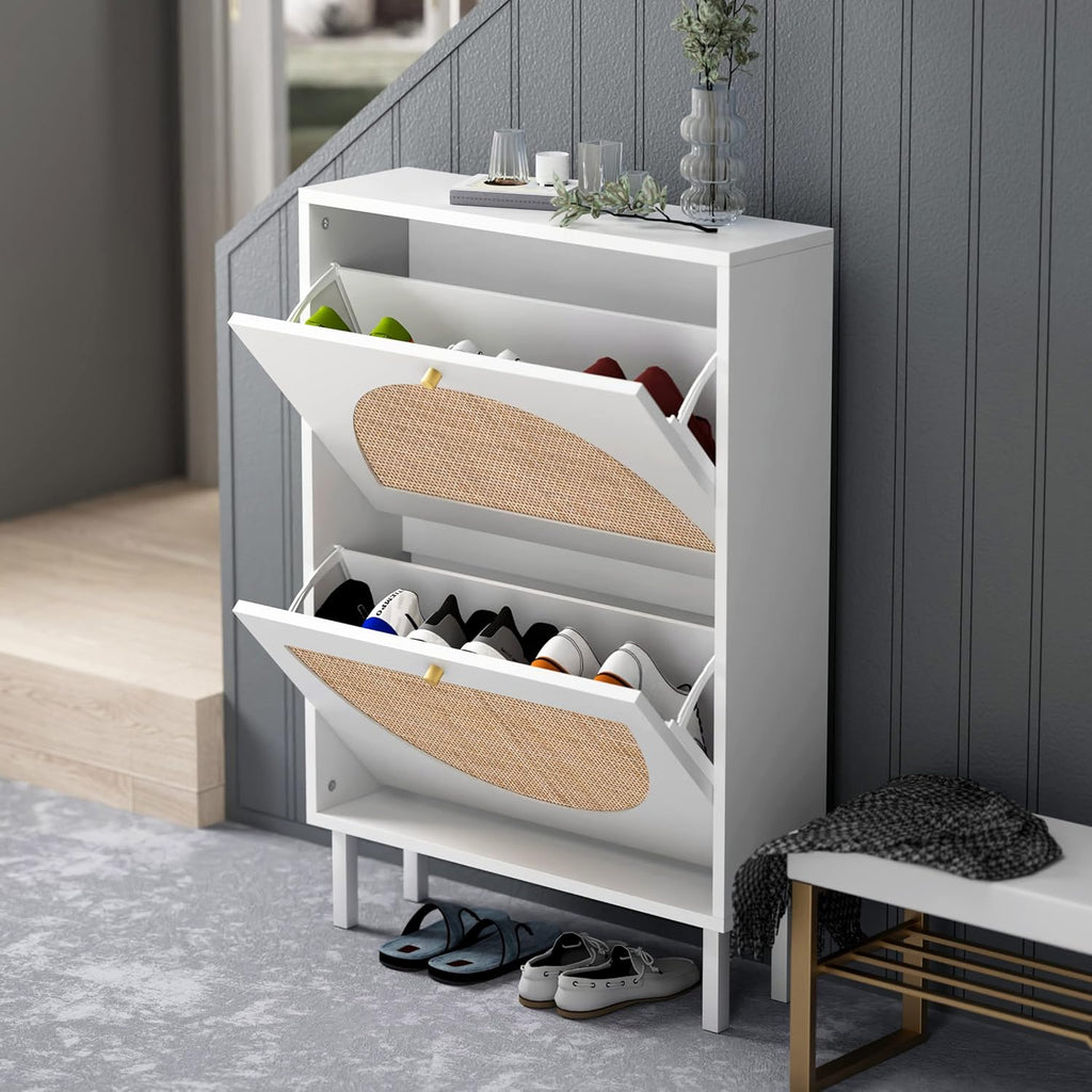 White 2-Drawer Shoe Cabinet with Rattan Doors F536212