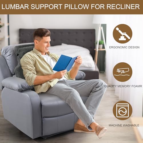 Sherpa Fleece Lumbar Support Pillow with Headrest Memory Foam Recliner Chair Cushion (Grey) V880
