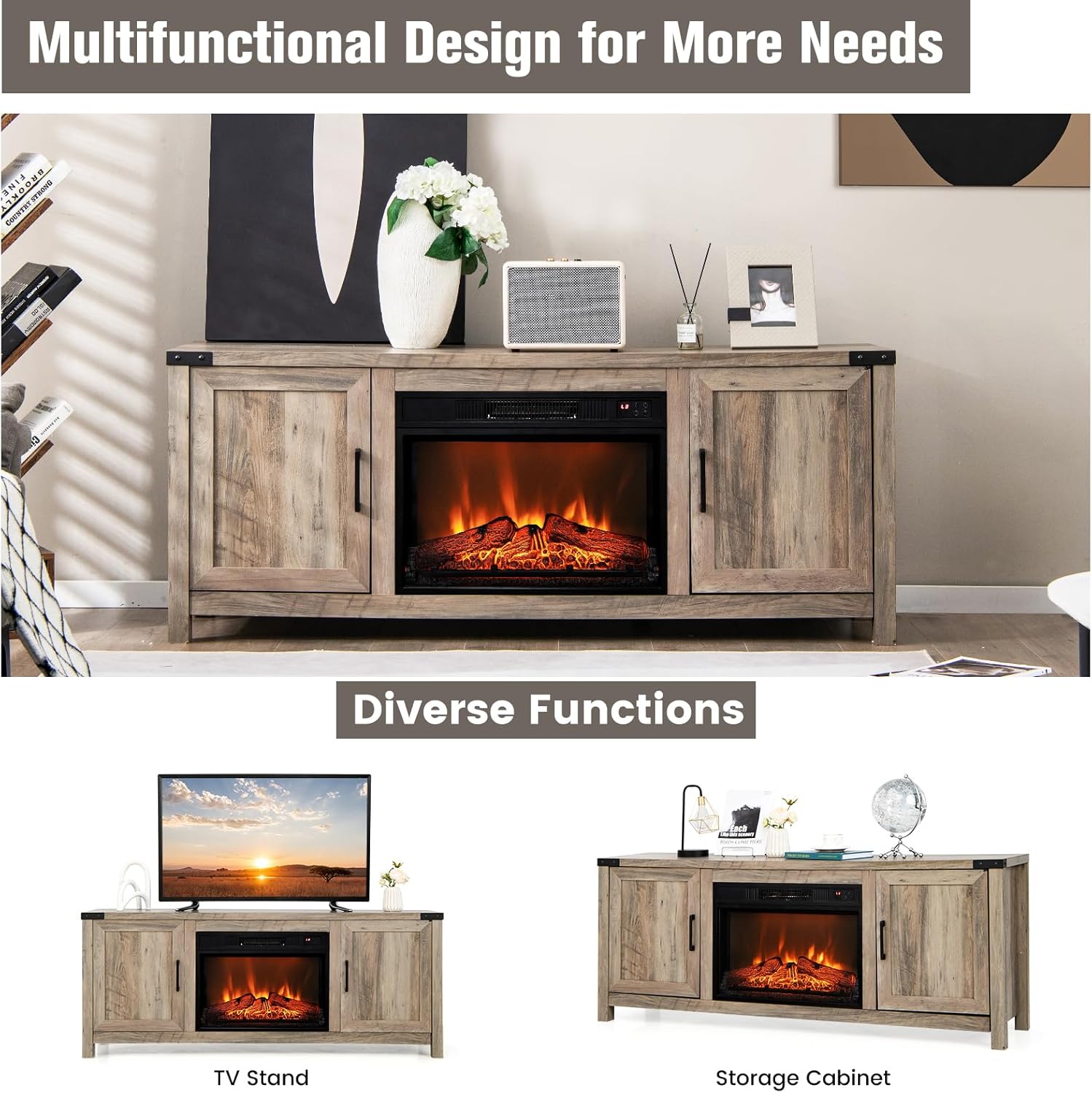 Electric Fireplace TV Stand with Storage Cabinets F5922