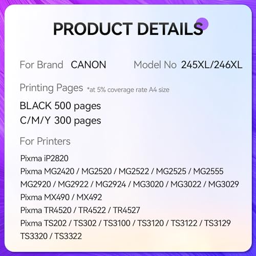 245XL 246XL Ink Cartridge Combo Pack Replacement for Canon Printer I5163