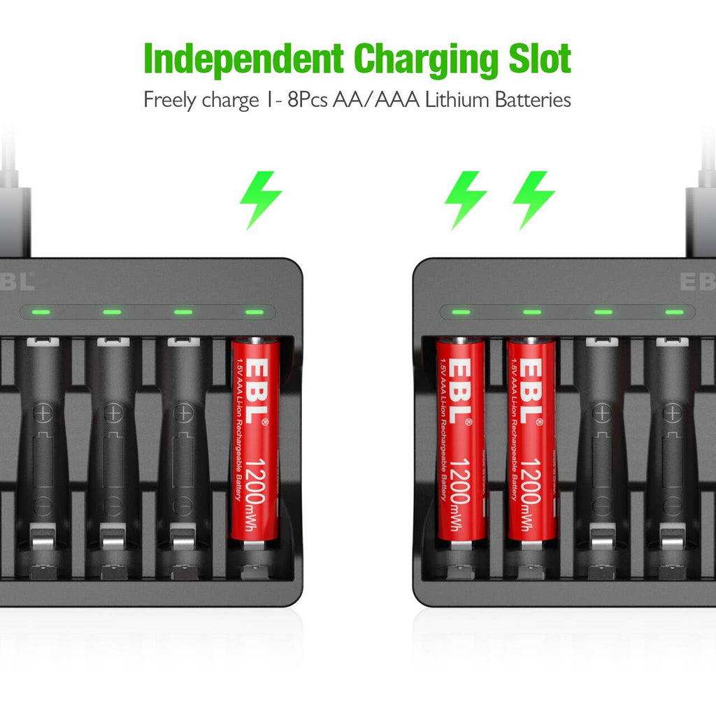 8 Pack Rechargeable Lithium AAA Batteries 1200mWh with 8 Bay Smart Battery Charger Y661163