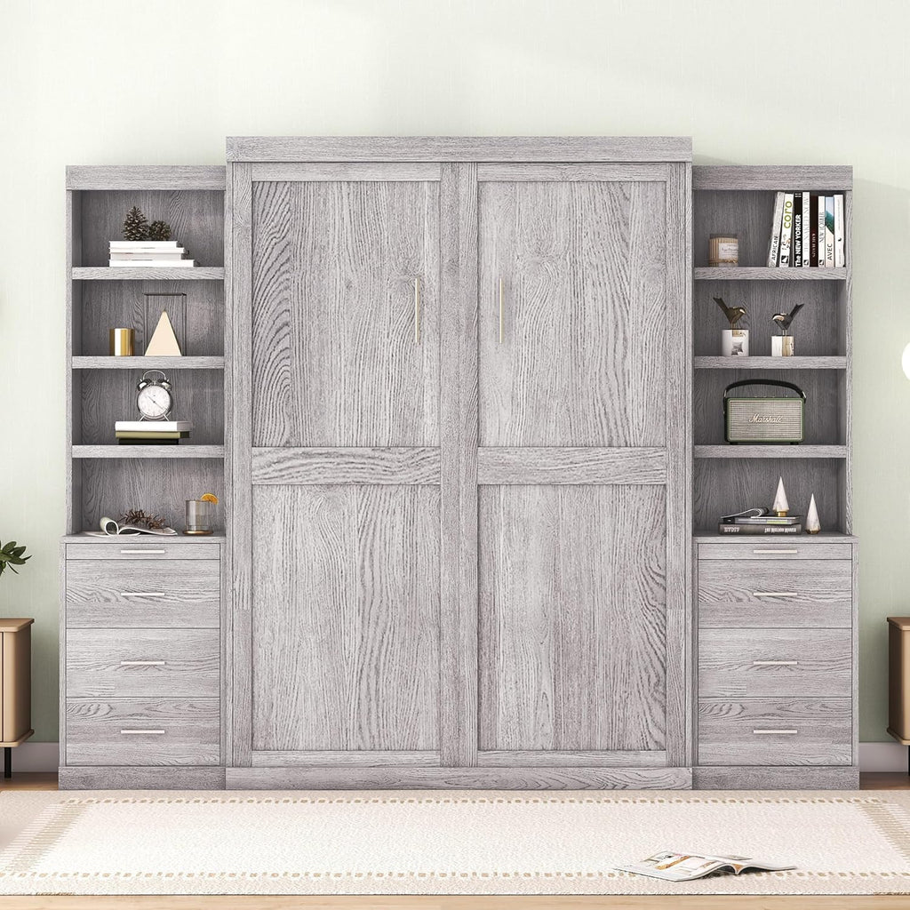 Gray Full Size Wood Murphy Bed with Storage Shelves and Drawers T84061