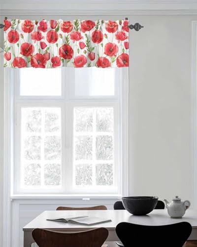 Watercolor Red Poppy Flower White Short Kitchen Curtains 54x18IN K9782