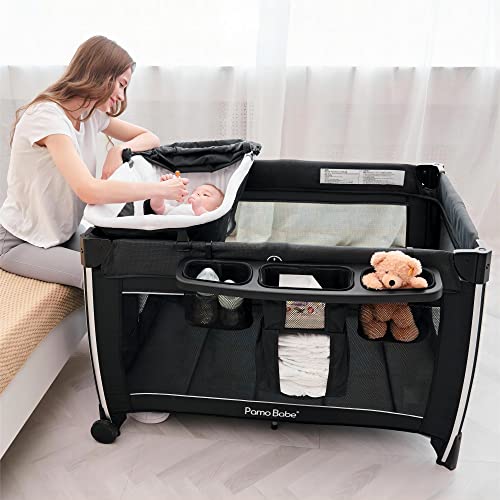 4 in 1 Portable Baby Crib with Bassinet, Mattress, Changing Table (Black) Q6865