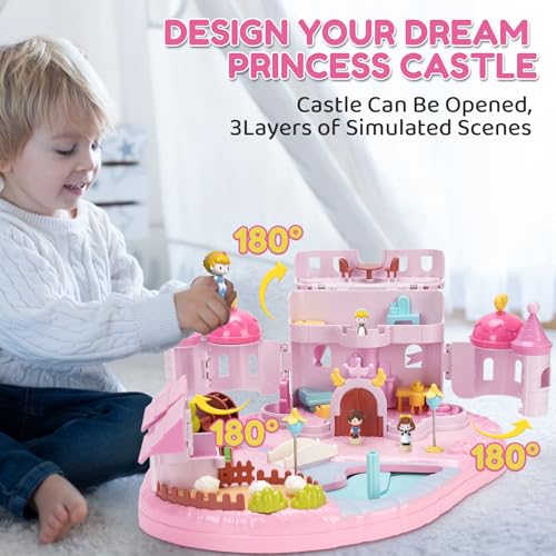 Castle Playset with 4 Magnetic Control Movable Toys, Magnetic Doll House Building Toys with Light & Music（Pink） I5163