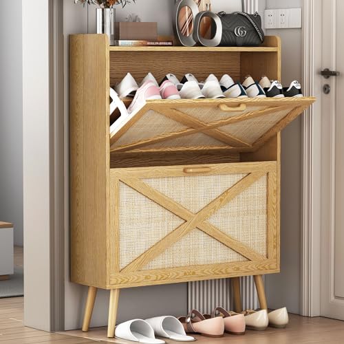 Natural Freestanding Rattan Shoe Cabinet with 2 Flip Drawers P119427