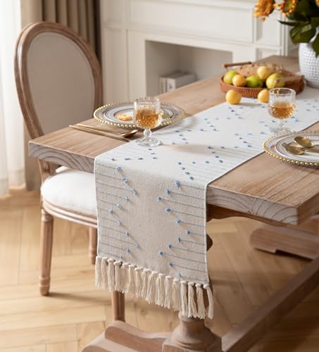 Natural Cotton Woven Table Runner with Tassels, Red and Beige X719890