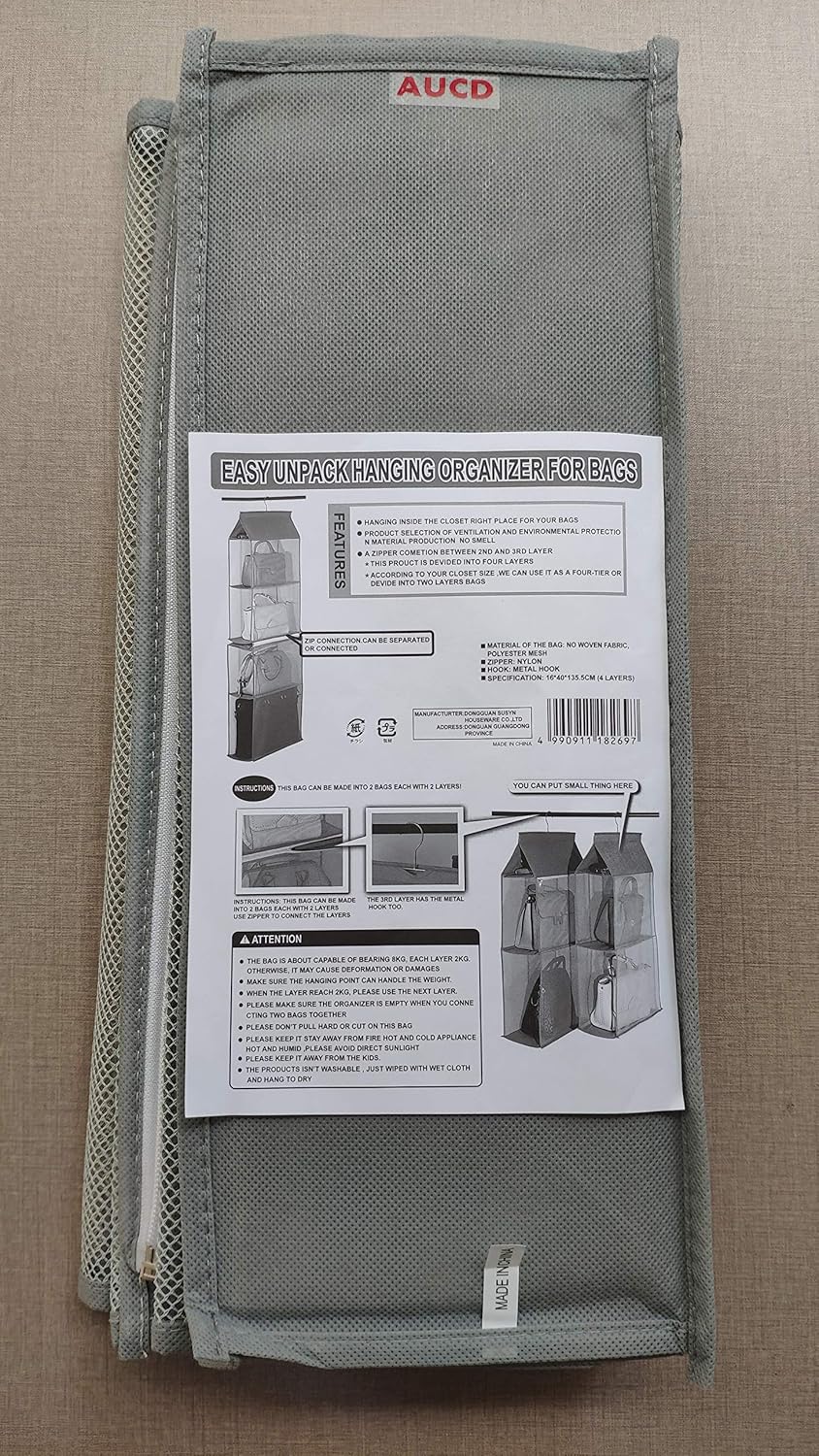 Gray Detachable 4 Compartment Hanging Handbag Organizer Z9853