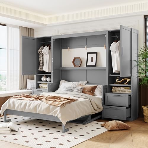 Gray Queen Size Murphy Bed with 5 Drawers and Storage Shelves Y4657