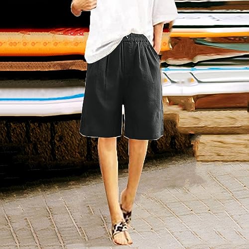 Women's Cotton Linen High Waisted Wide Leg Elastic Drawstring Shorts with Pockets T961844