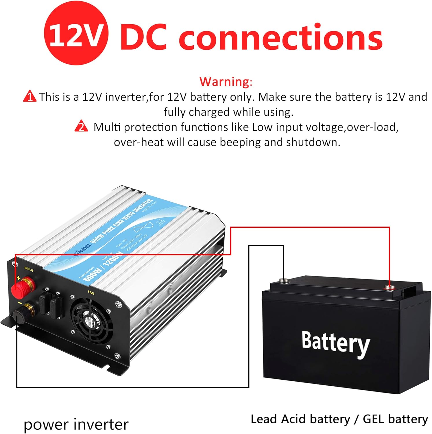 600W 12V DC to 110V 120V Pure Sine Wave Power Inverter with Remote Control Dual AC Outlets USB Port X3511