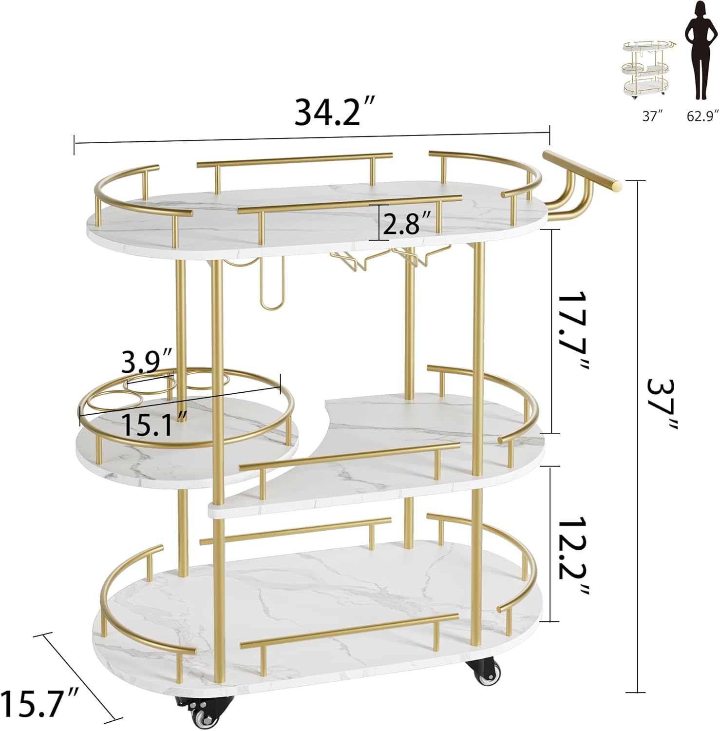 Gold 3 Tier Rotating Bar Cart with Wheels N514608