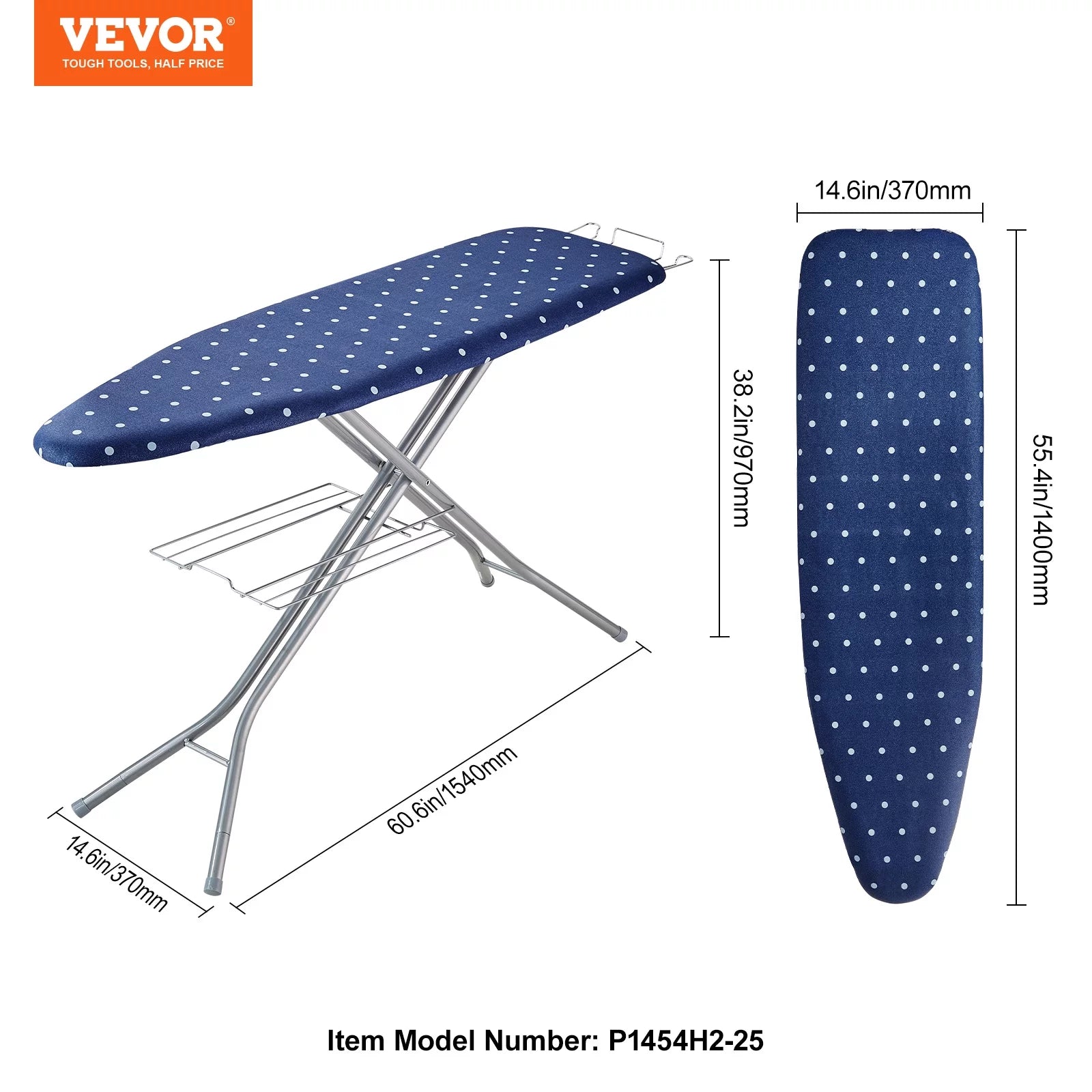 55"x15" Ironing Board with Bottom Storage Tray, 4 Layers, 10 Adjustable Heights, 100% Cotton Cover J9135