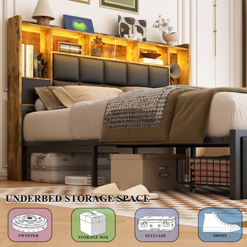 Full Size LED Upholstered Platform Bed Frame with Bookshelf Headboard and 2 Hidden Storage Drawers C231257