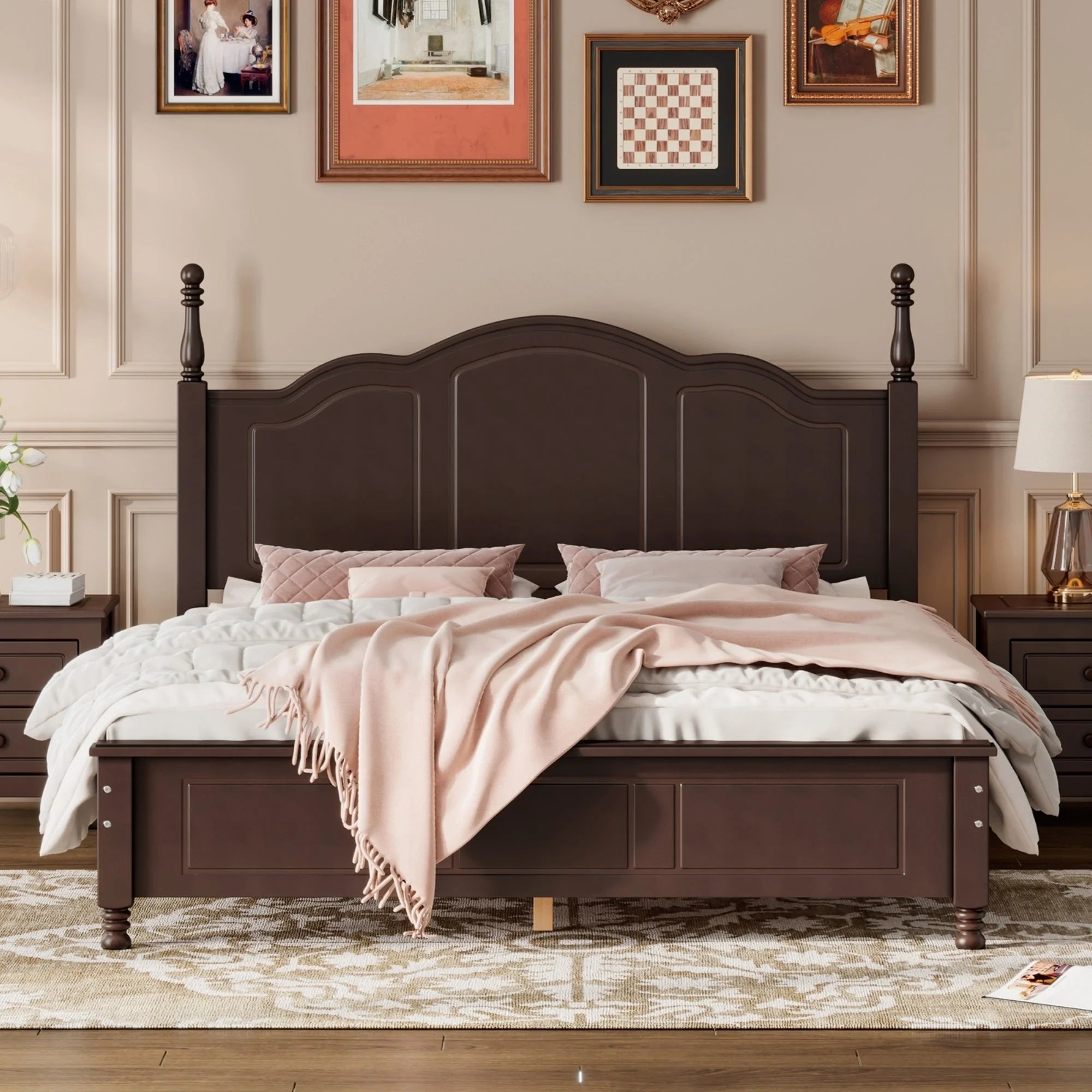 Dark Walnut Queen Size Wood Platform Bed Frame P858536