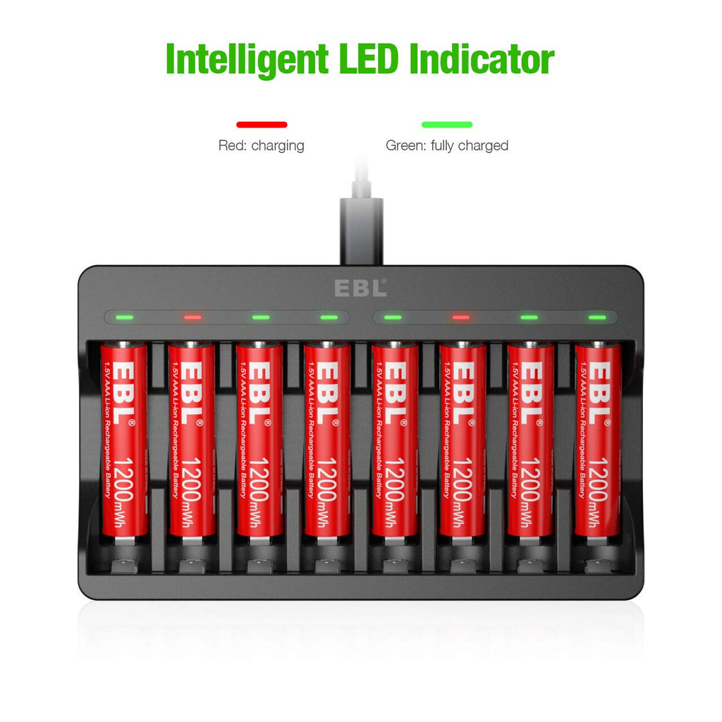 8 Pack Rechargeable Lithium AAA Batteries 1200mWh with 8 Bay Smart Battery Charger Y661163