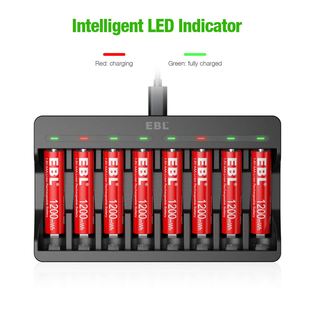 8 Pack Rechargeable Lithium AAA Batteries 1200mWh with 8 Bay Smart Battery Charger Y661163