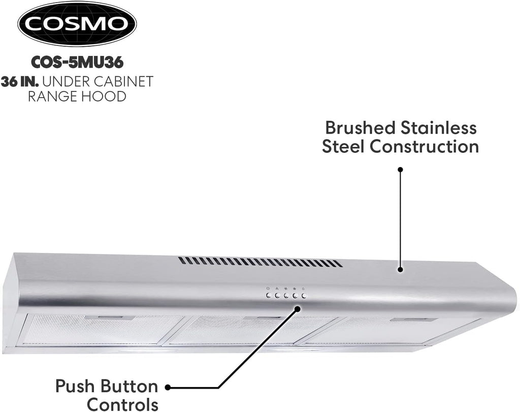 36 in. Under Cabinet Range Hood with 3 Speed Exhaust Fan, Reusable Filter and LED Lights in Stainless Steel X215828