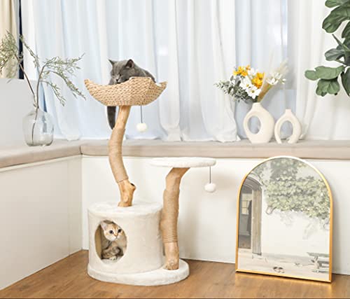 White Real Wood Cat Tree with Scratch Post C928925